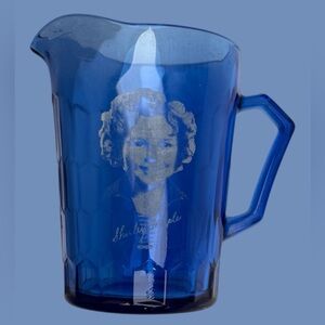 Vintage Cobalt Blue Glass Pitcher Etched Portrait Shirley Temple 1930s